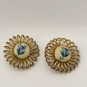 Vintage Emmons Clip on Earrings Gold Tone Wire Flower with Fabric Floral Center